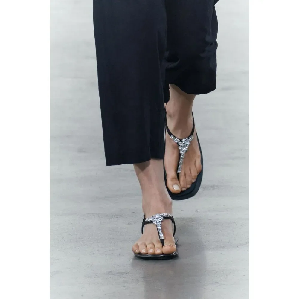 Black Zara Rhinestone Jewel Embellished Open-Toe Ankle Strap Flat Sandals (NWT) - Picture 4 of 8